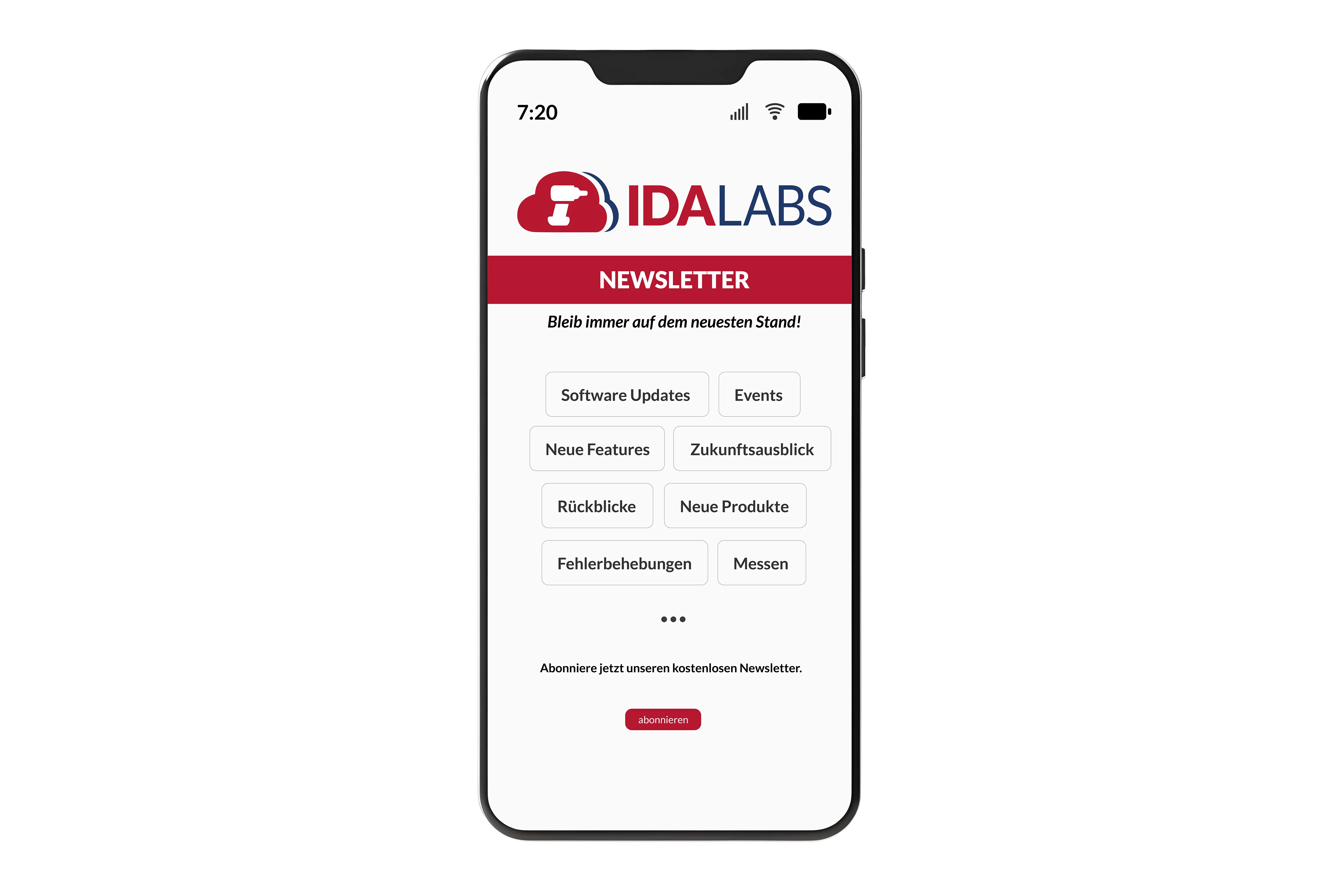 Ein Handy, welches verschiedene Newsletter-Themen zeigt, die von IDALABS angeboten werden