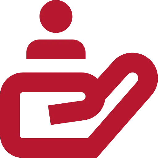 Eine rot gefärbte Hand trägt und schützt eine angedeutete Person.