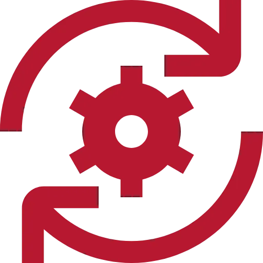 Rotes Symbol eines Zahnrades mit zwei Pfeilen, die es kreisförmig umrunden.