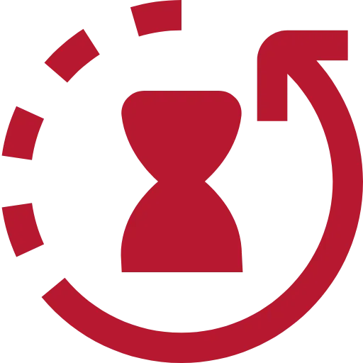 Rotes Symbol einer Sanduhr mit einem Pfeil, der kreisförmig um sie herum läuft.