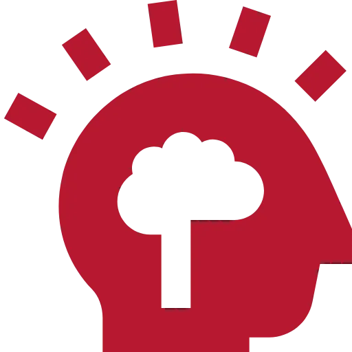 Rotes Symbol eines Kopfes, der von der Seite abgebildet ist. Im Kopf ist ein weiß ausgeschnittenes Gehirn zu sehen