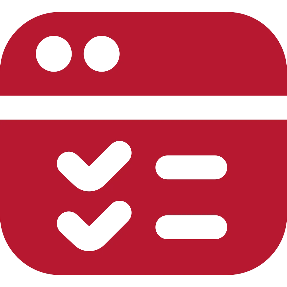 Aufgaben & Ticketsystem Rotes Symbol einer Karteikarte, auf der mehrere Stichpunkte abgehakt sind.