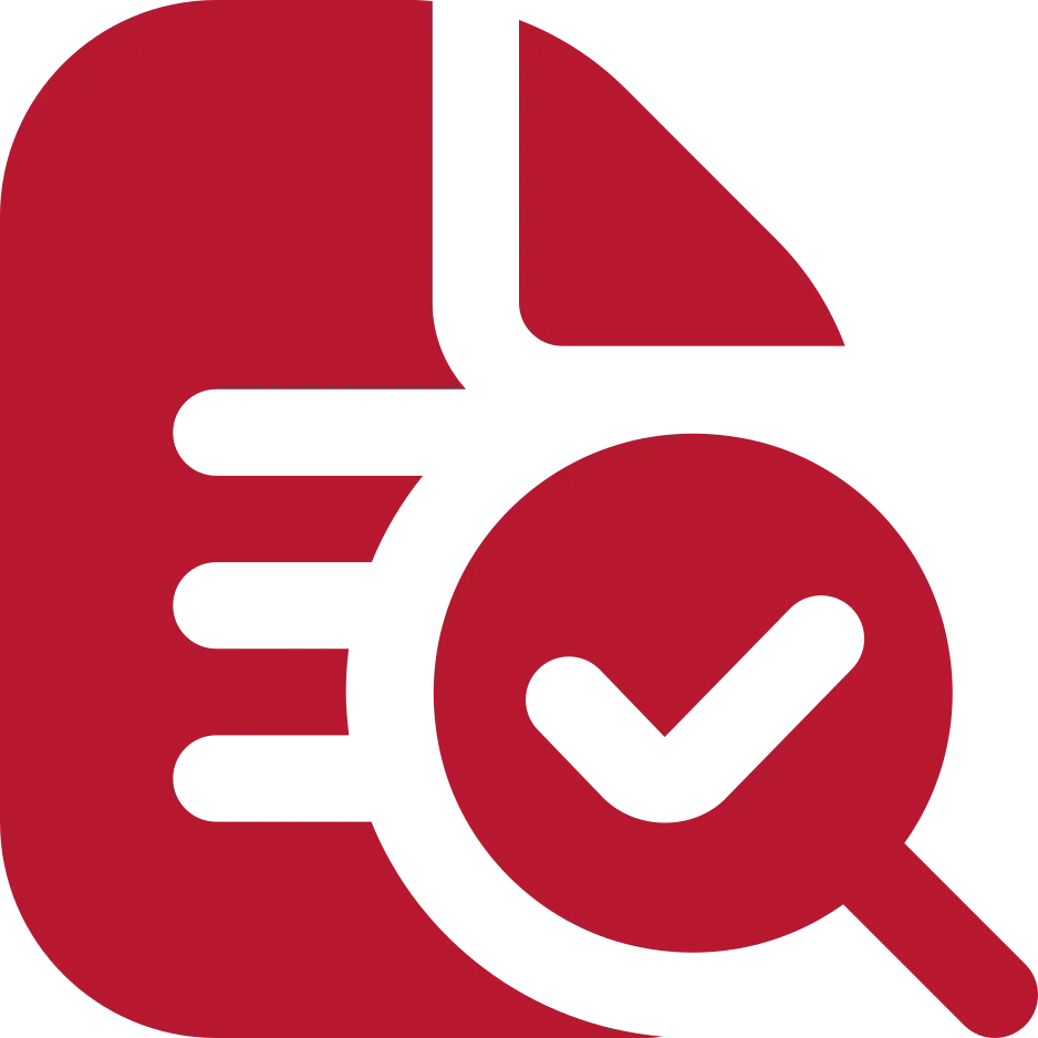 Dokumentenmanagement Rotes Symbol eines Dokuments mit einer Lupe im Vordergrund.