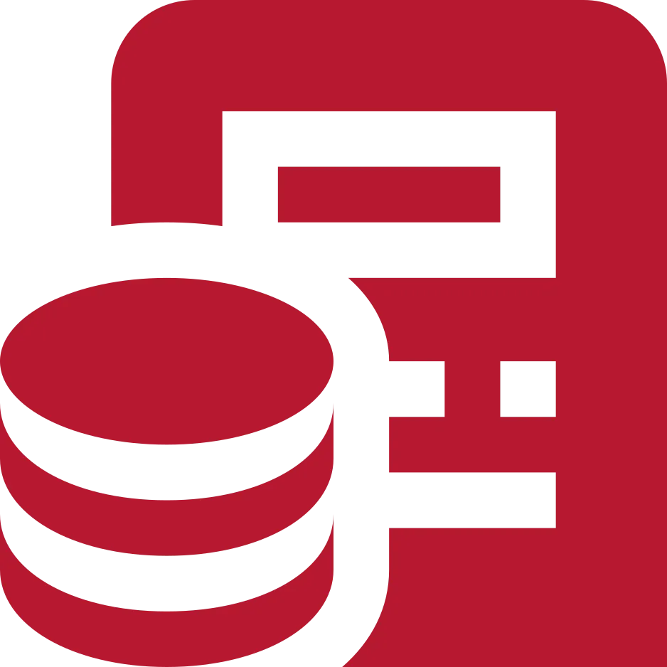 Finanzen & Controlling Rotes Symbol eines Taschenrechners mit einem Stapel Münzen davor.