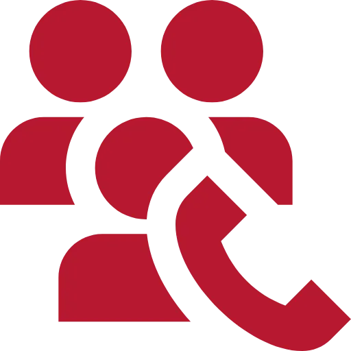 Kunden, Kontakte & Adressen Rotes Symbol von drei Personen mit einem Telefonhörer im Vordergrund.