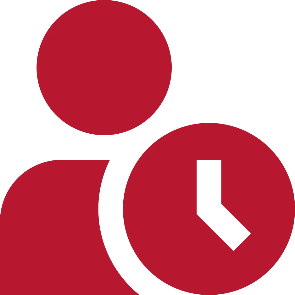 Personal & Zeitwirtschaft Rotes Symbol einer Person mit einer Zeigeruhr im Vordergrund.