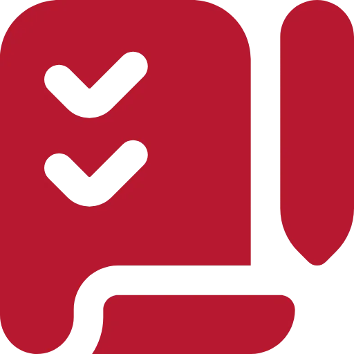 Projekte & Aufträge Rotes Symbol eines Dokuments, auf dem mehrere Häkchen zu sehen sind, mit einem roten Stift daneben.