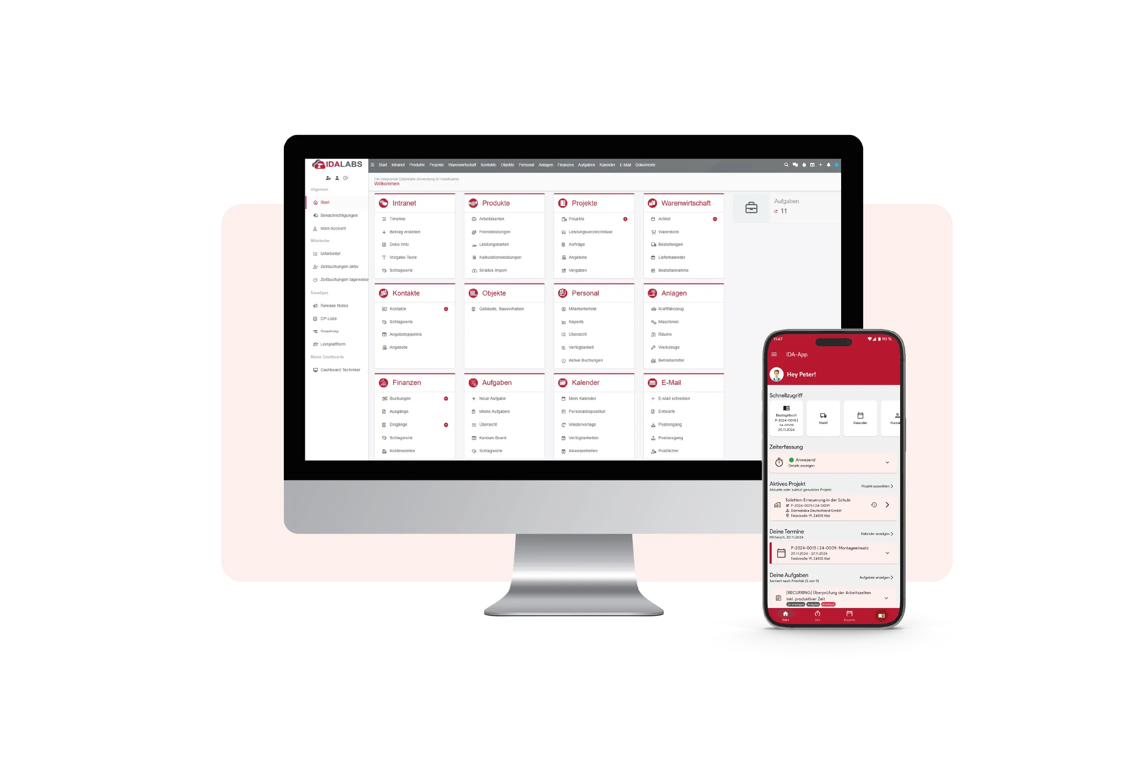 Auf einem Computerbildschirm und einem Smartphone sind die Benutzeroberflächen des IDA-ERP-Systems und der IDA-App zu sehen.